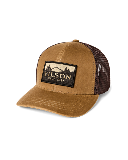 Filson waxed canvas trucker cap in dark khaki with brown mesh back and logo patch