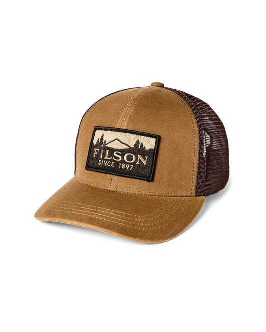 Filson waxed canvas trucker cap in dark khaki with brown mesh back and logo patch