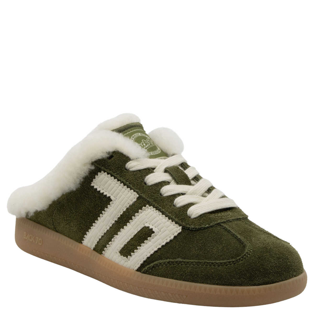 Olive green suede backless sneaker mule with shearling lining and gum sole