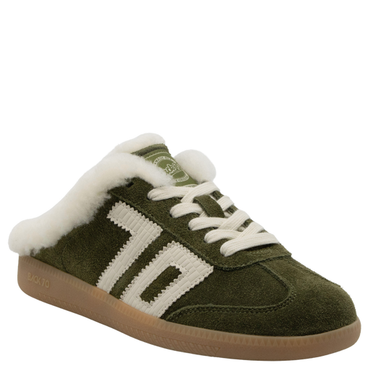 Olive green suede backless sneaker mule with shearling lining and gum sole