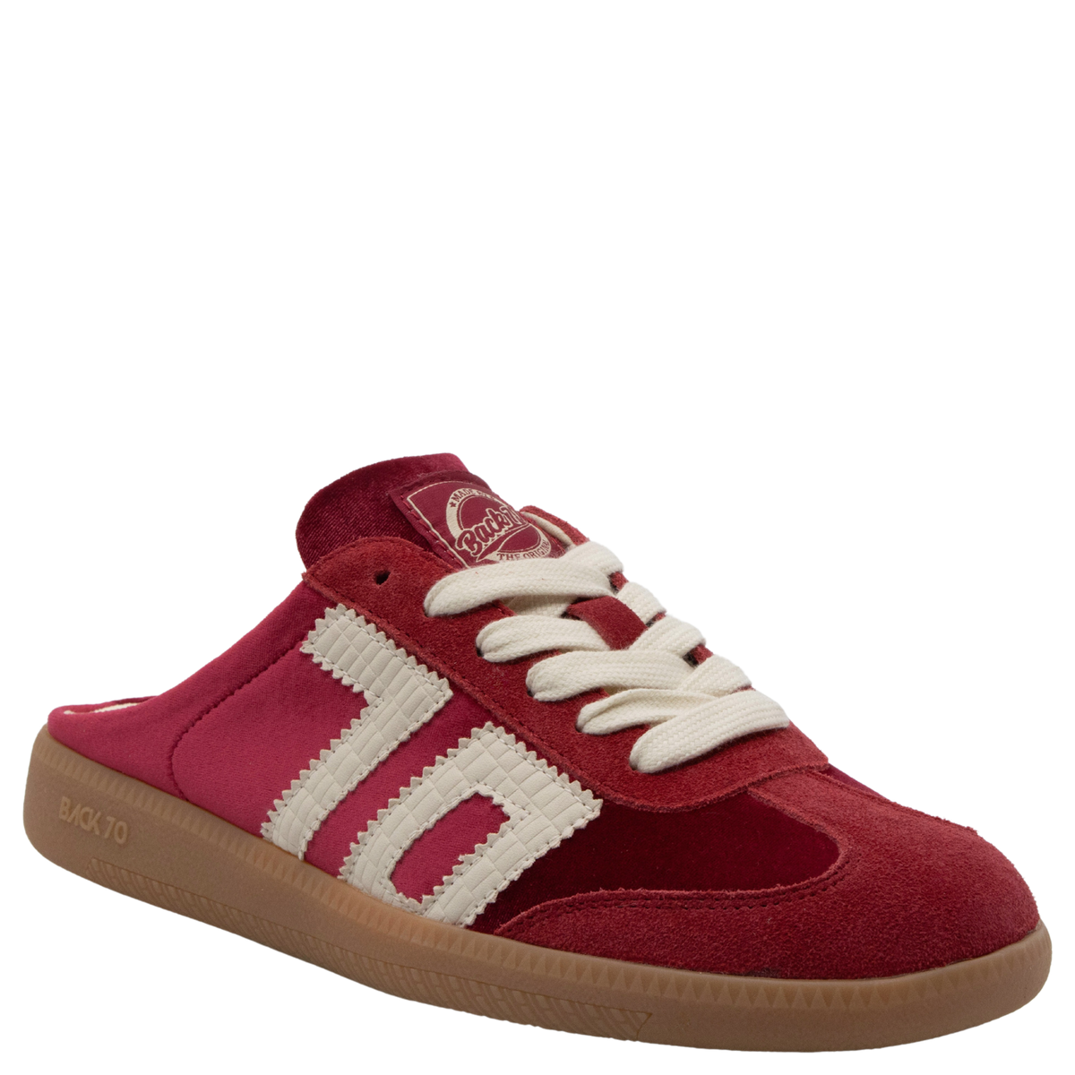 Red velvet backless slip-on sneaker with cream stripes and gum rubber sole