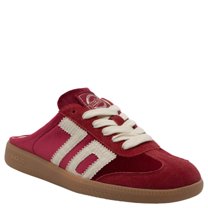 Red velvet backless slip-on sneaker with cream stripes and gum rubber sole