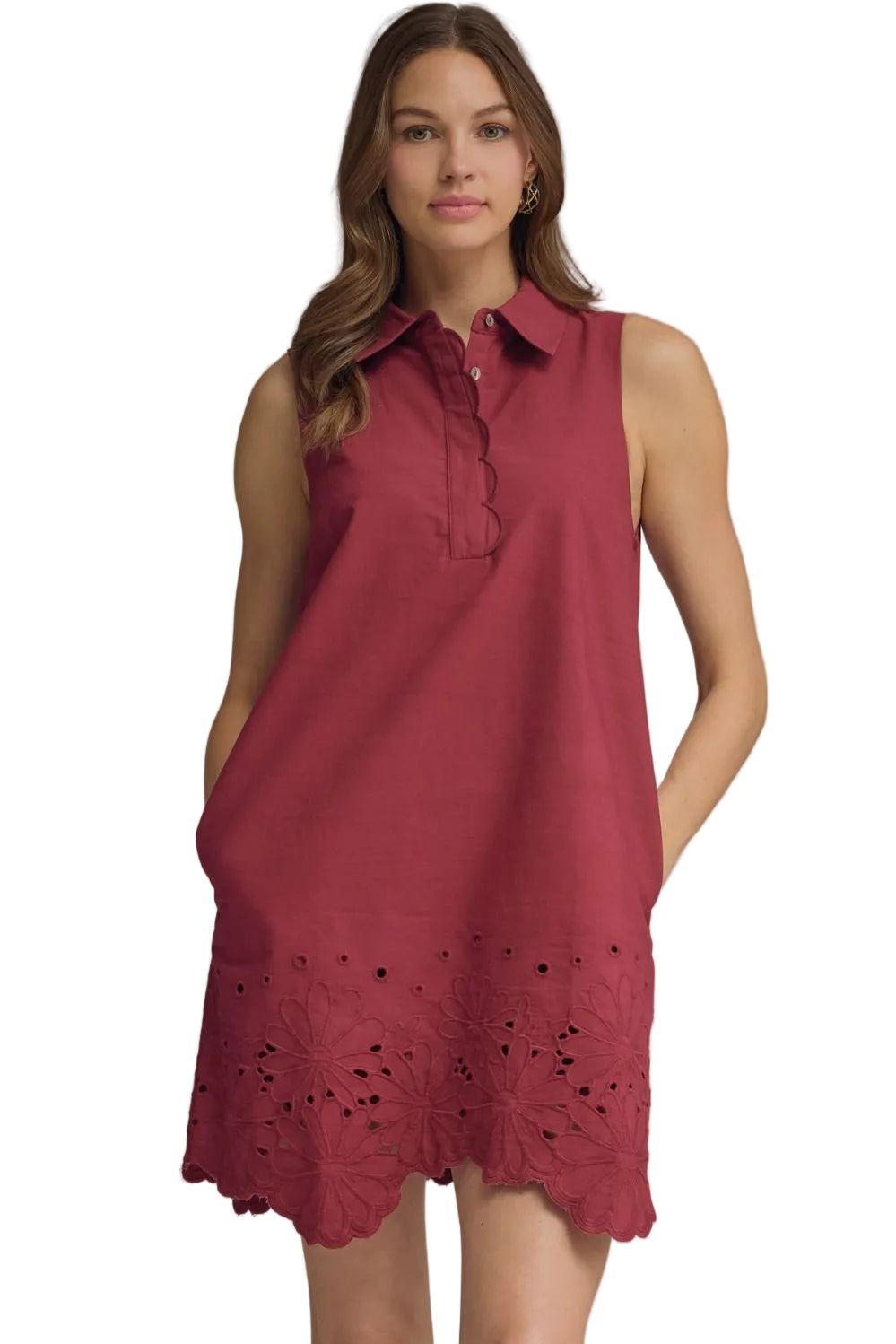 Ws Sleeveless Scallop Trim Eyelet Hem Dress Wine