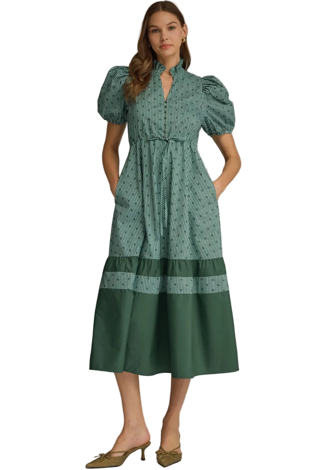 Ws Stripe and Dot Print Puff Sleeve Midi Dress Olive