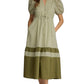 Ws Stripe and Dot Print Puff Sleeve Midi Dress Olive