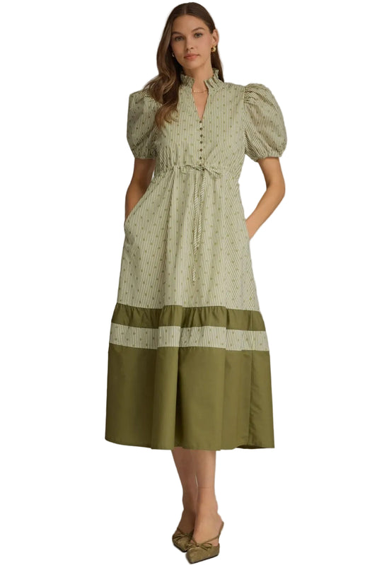 Ws Stripe and Dot Print Puff Sleeve Midi Dress Olive