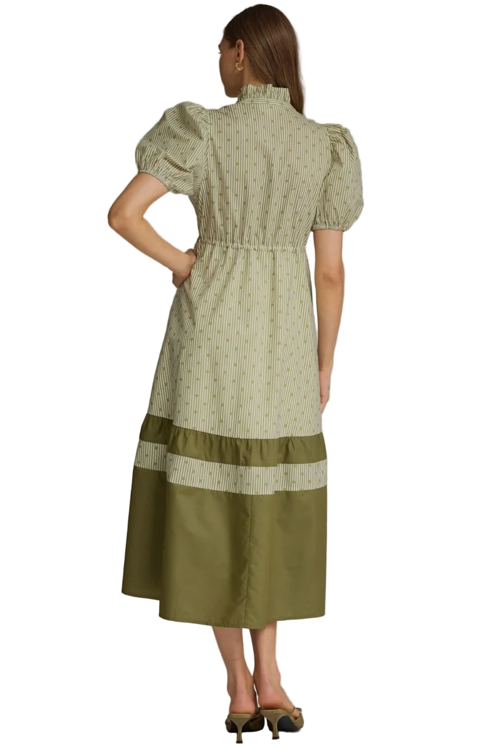Ws Stripe and Dot Print Puff Sleeve Midi Dress Olive
