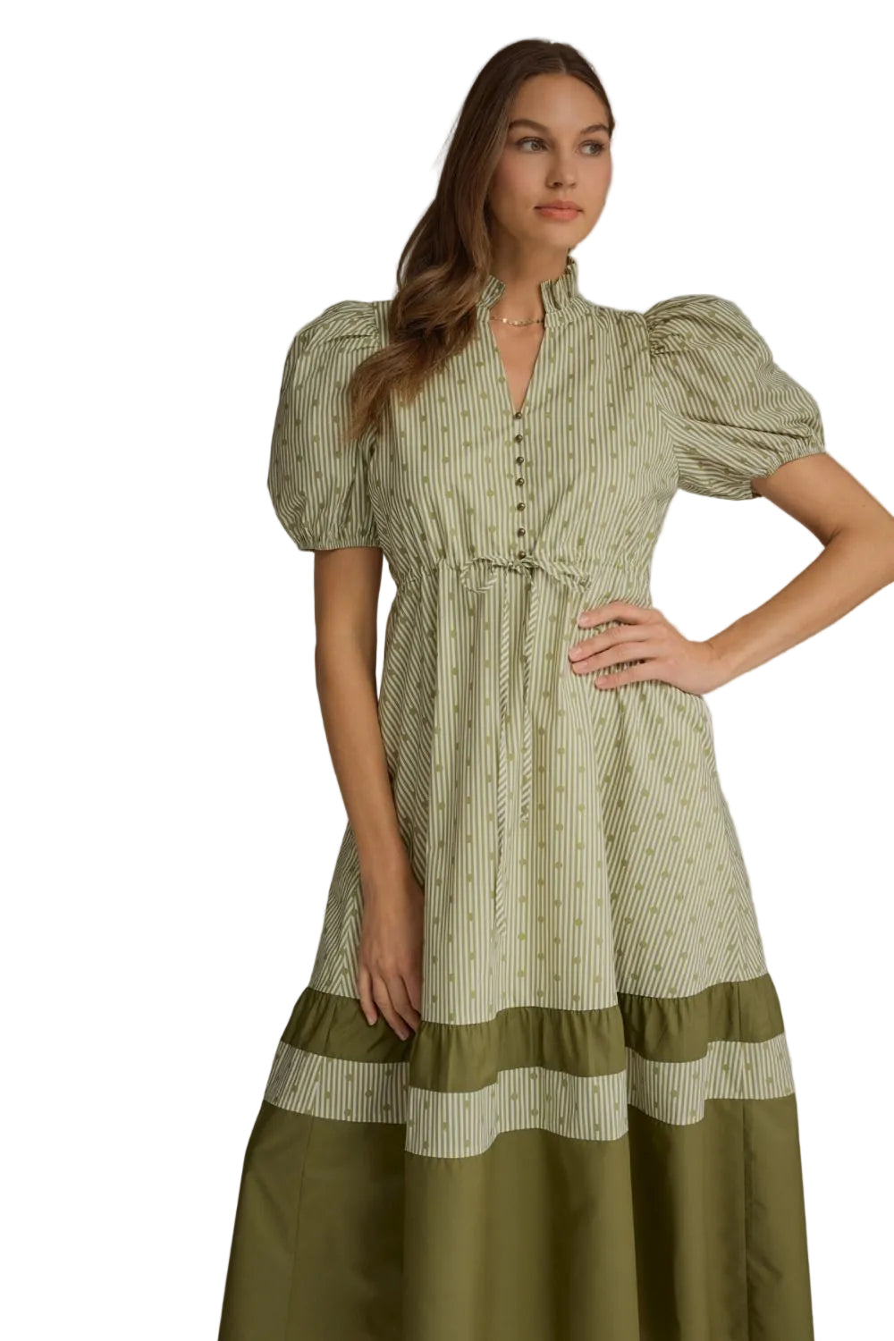Ws Stripe and Dot Print Puff Sleeve Midi Dress Olive