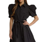Ws Solid SS Puff Sleeve Tie Waist Dress Black
