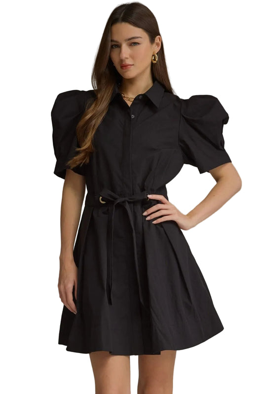 Ws Solid SS Puff Sleeve Tie Waist Dress Black