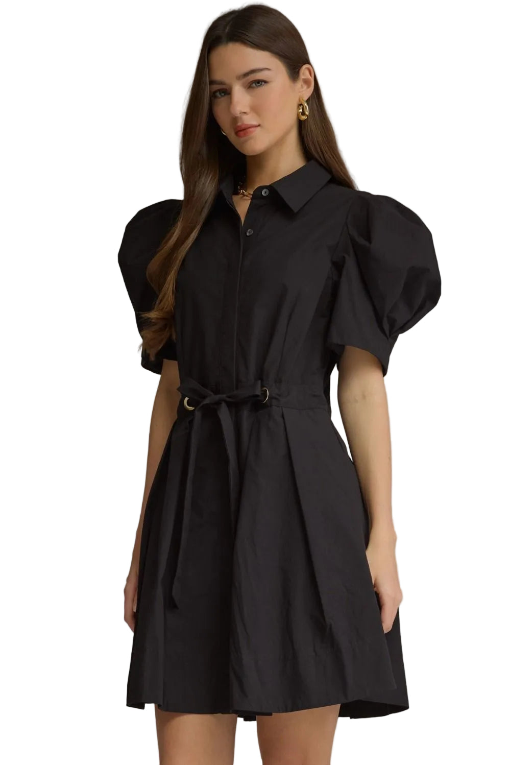 Ws Solid SS Puff Sleeve Tie Waist Dress Black