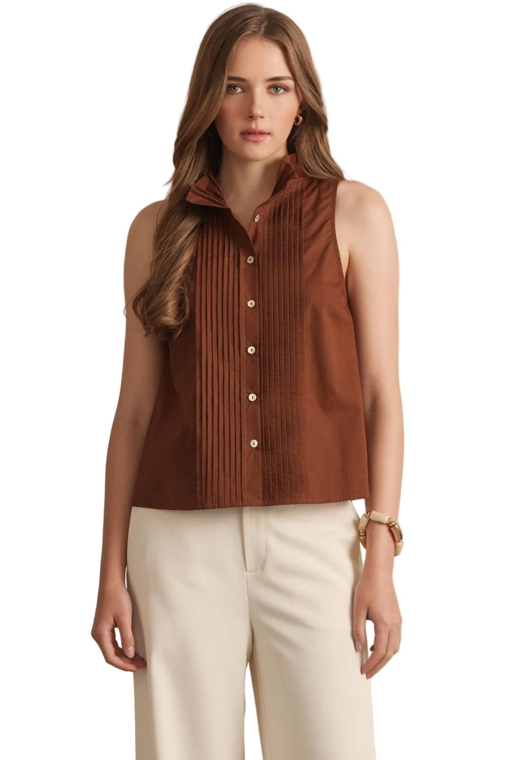 Ws Pleat Front Sleeveless Shirt Brown