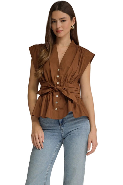 Ws Solid Sleeveless V-neck Shirt w/Self Tie Waist Brown