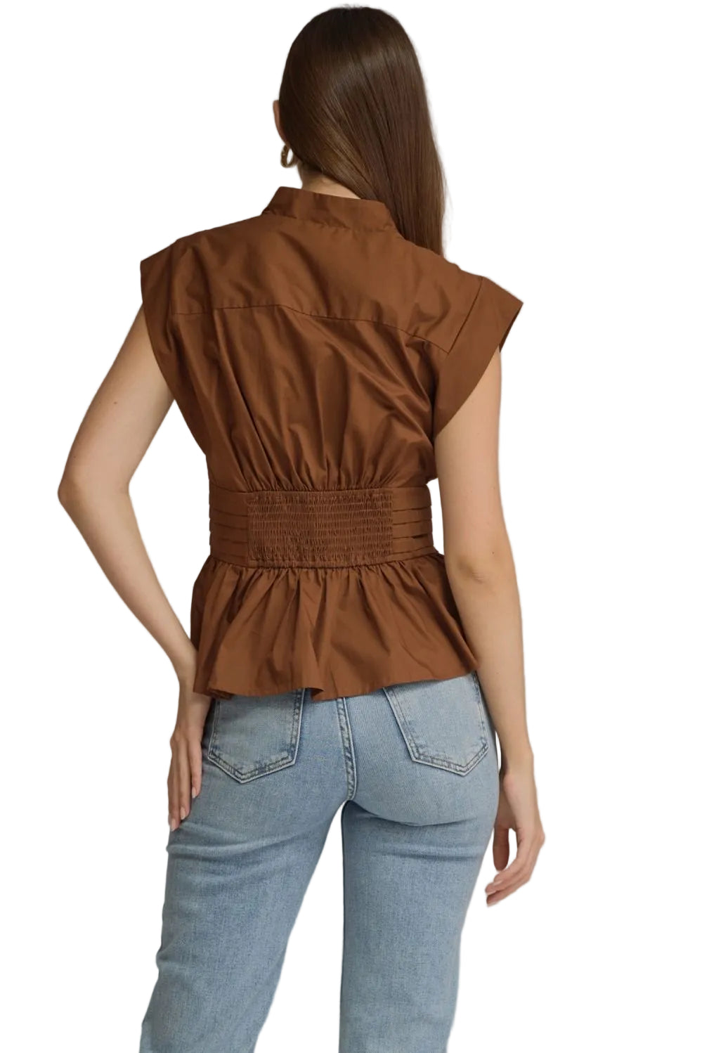 Ws Solid Sleeveless V-neck Shirt w/Self Tie Waist Brown