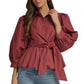 Ws Solid 3/4 Sleeve Tie Waist Shirt Burgundy