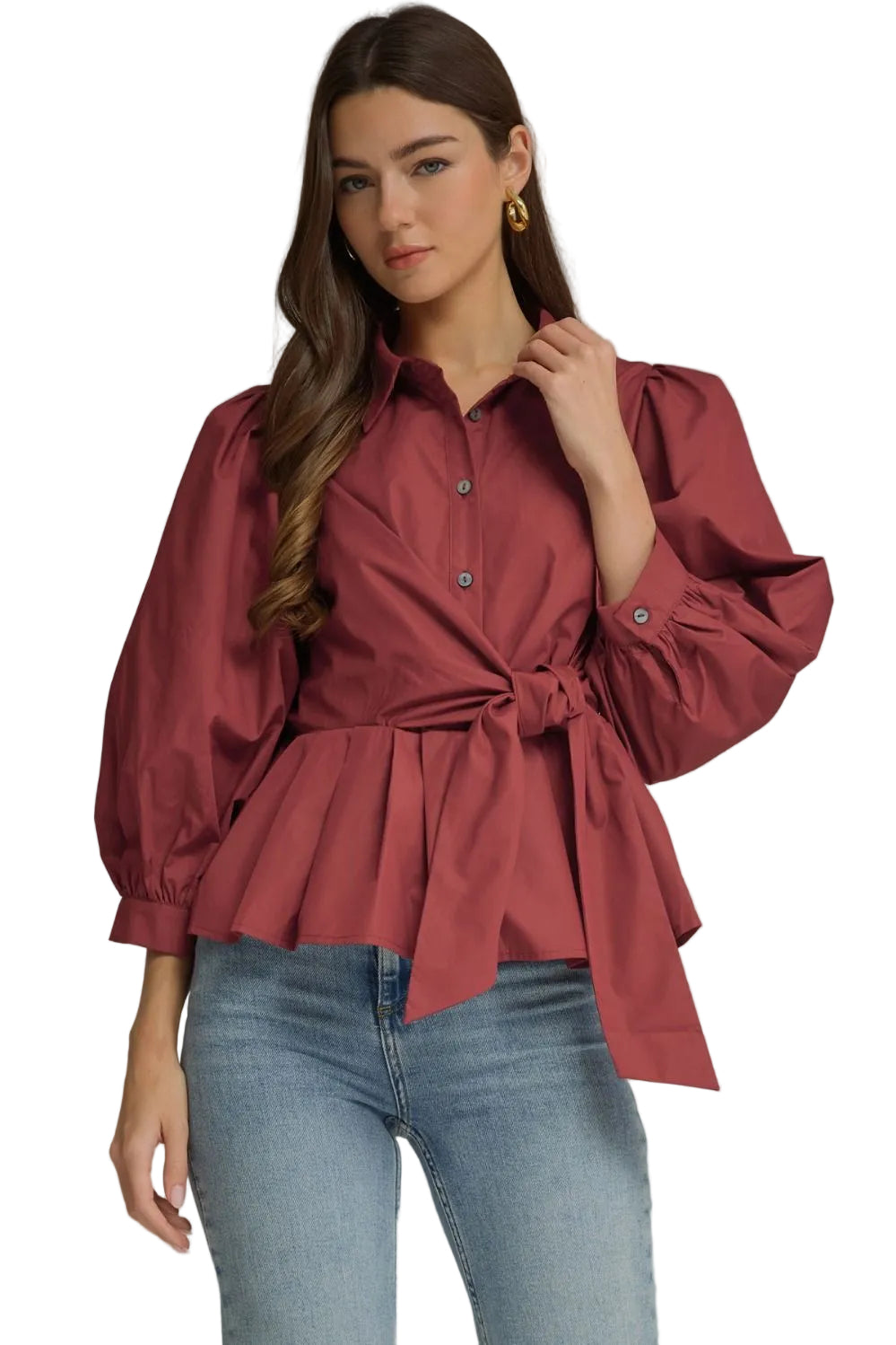 Ws Solid 3/4 Sleeve Tie Waist Shirt Burgundy