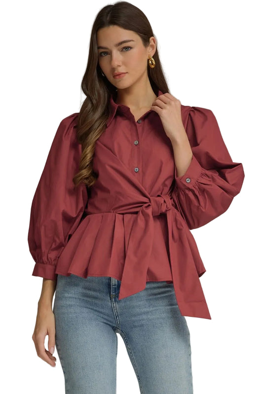 Ws Solid 3/4 Sleeve Tie Waist Shirt Burgundy