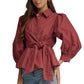 Ws Solid 3/4 Sleeve Tie Waist Shirt Burgundy