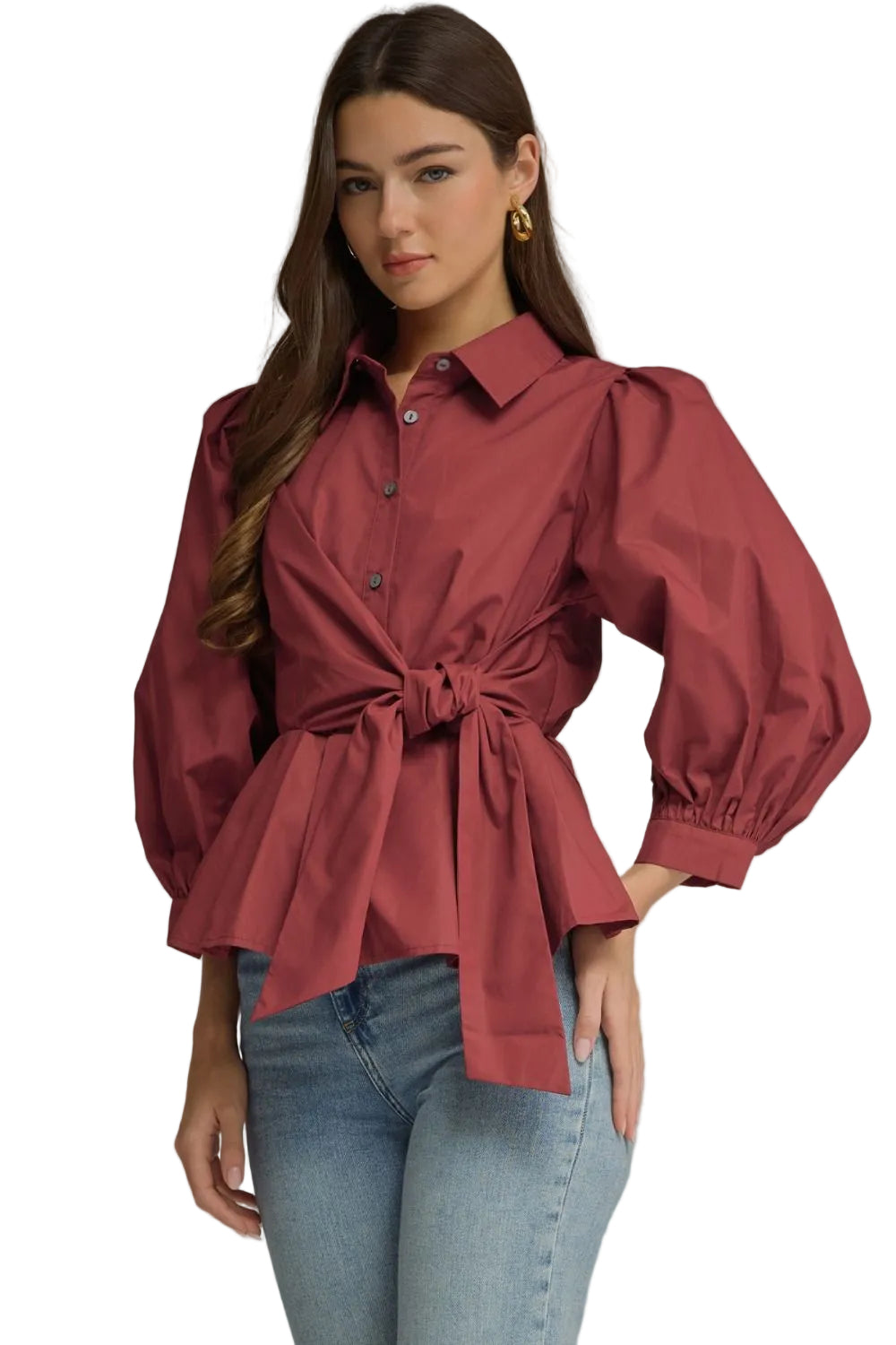 Ws Solid 3/4 Sleeve Tie Waist Shirt Burgundy