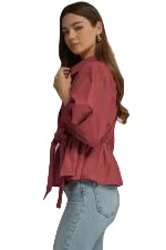 Ws Solid 3/4 Sleeve Tie Waist Shirt Burgundy