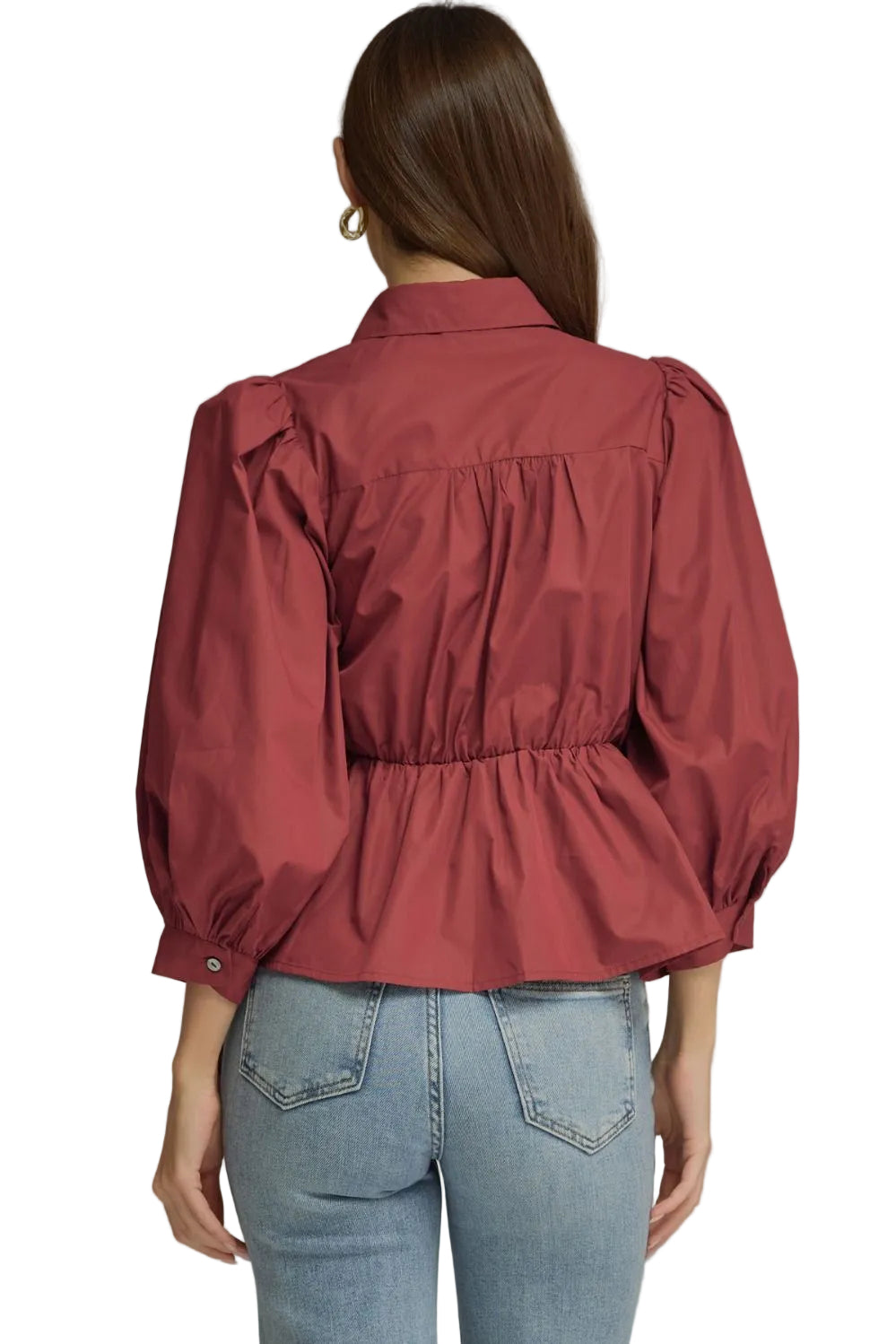 Ws Solid 3/4 Sleeve Tie Waist Shirt Burgundy