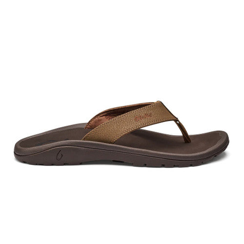 OluKai Ohana men's tan and dark brown leather flip flop sandal side view