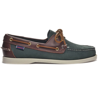 Sebago Docksides boat shoe in green nubuck and dark brown leather with tan lacing