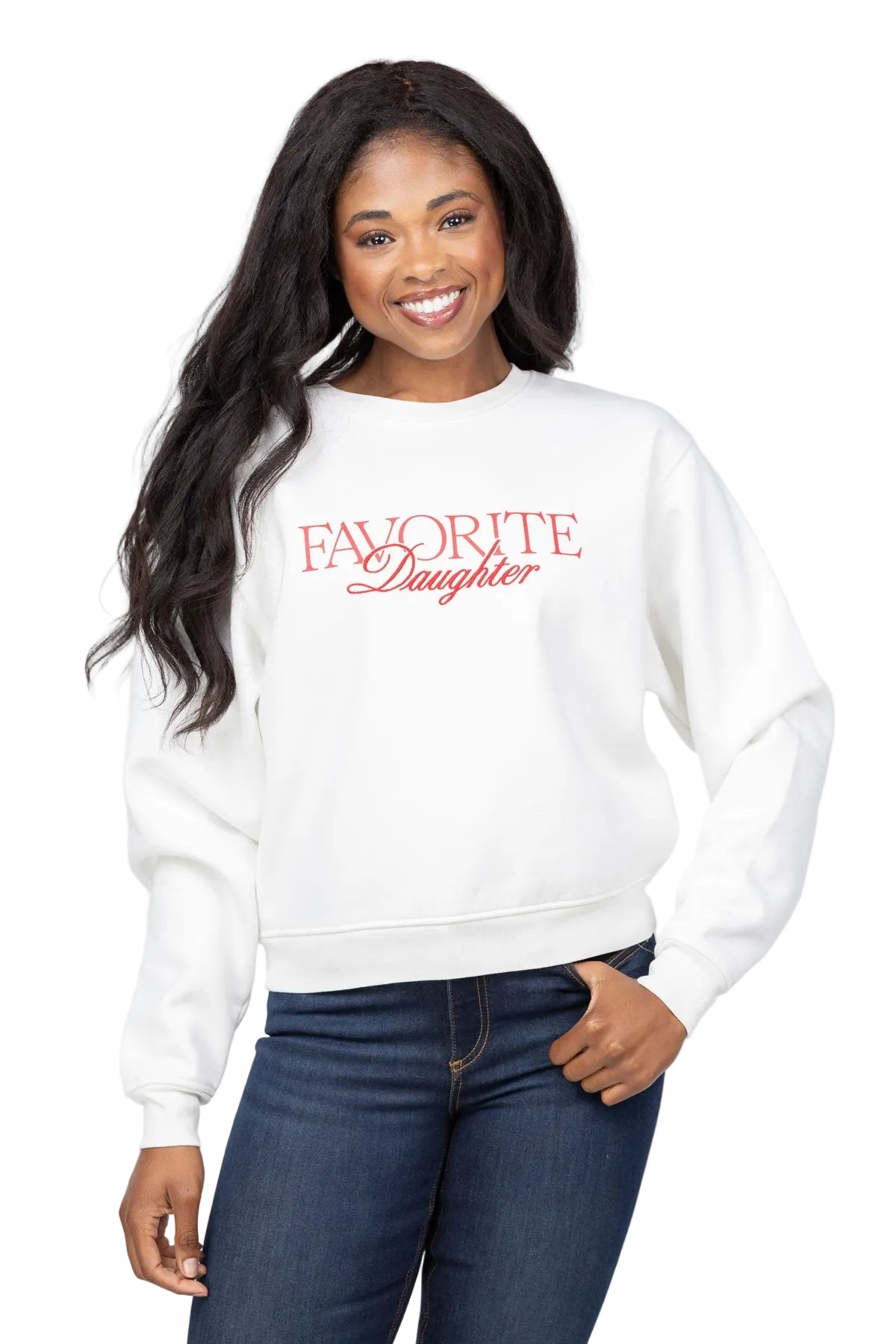 White crewneck sweatshirt with red Favorite Daughter embroidered graphic text