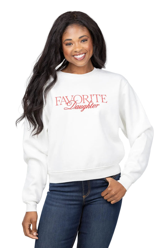 White crewneck sweatshirt with red Favorite Daughter embroidered graphic text
