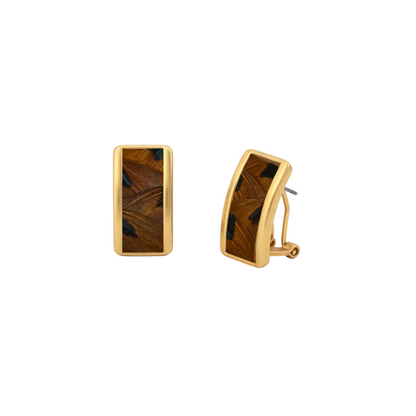 Gold rectangular stud earrings with brown and teal pheasant feather inlay, clip-back closure