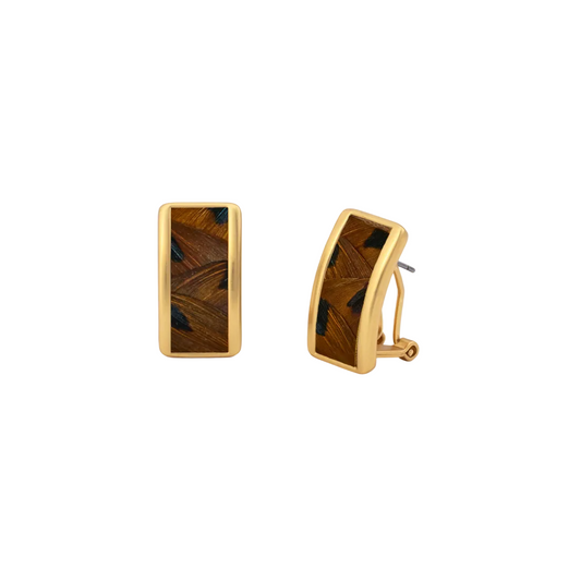 Gold rectangular stud earrings with brown and teal pheasant feather inlay, clip-back closure