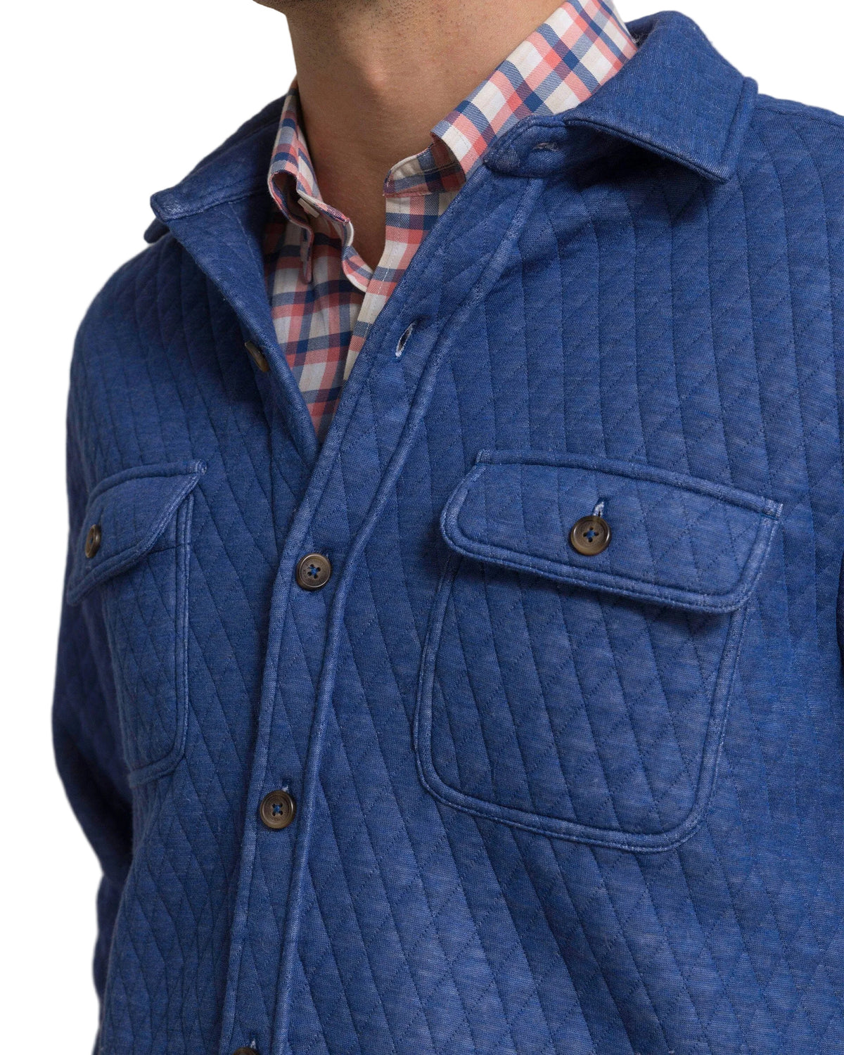 Men's navy blue quilted knit shacket with brown buttons and chest pockets