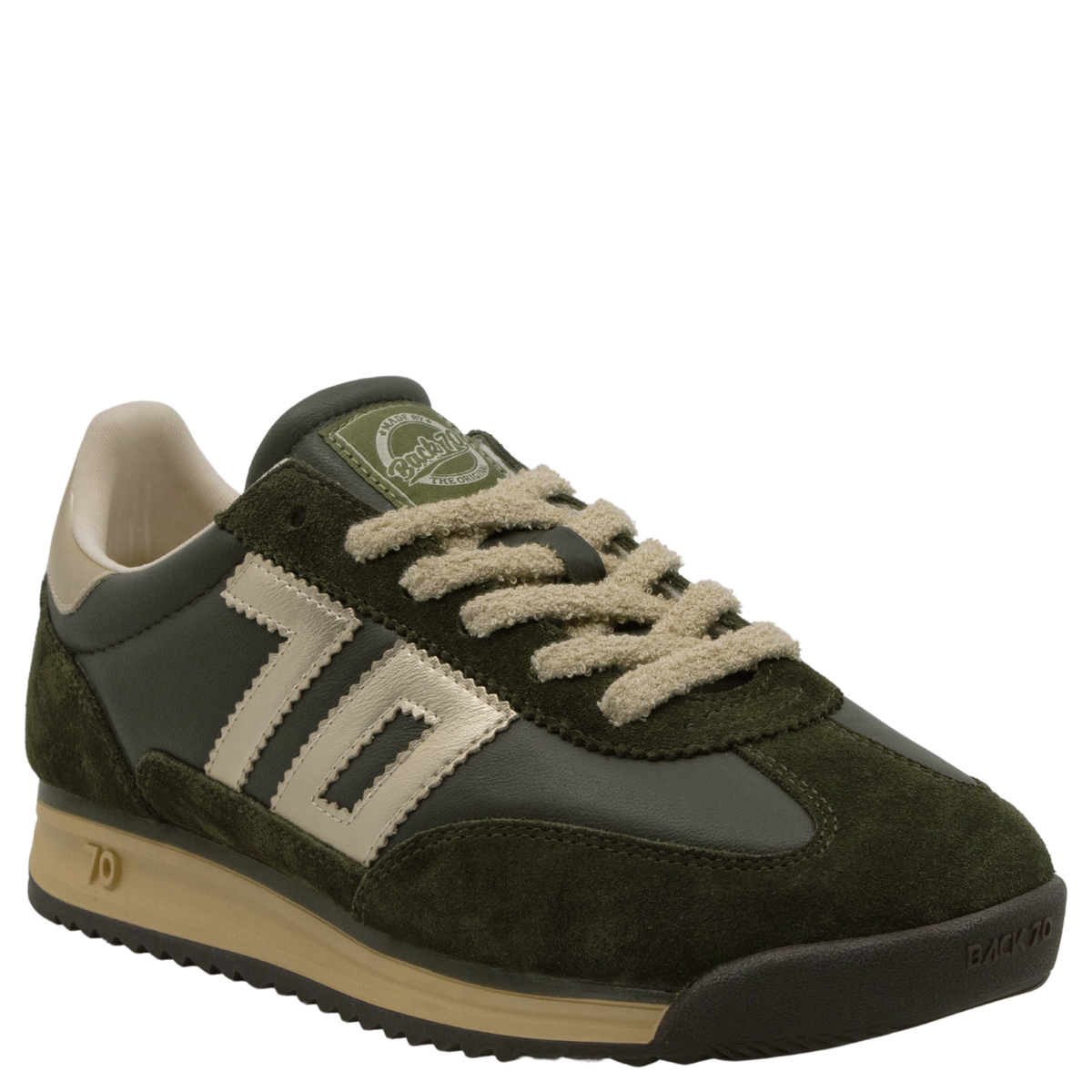 Women's dark green leather and suede retro sneaker with gold stripe accents and textured laces