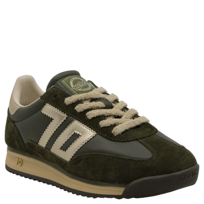 Women's dark green leather and suede retro sneaker with gold stripe accents and textured laces