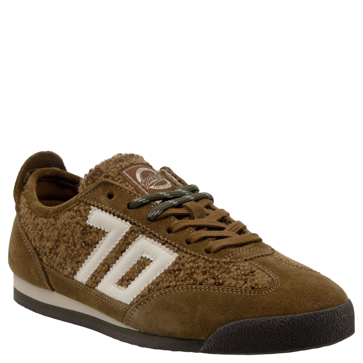 Women's tobacco brown suede and boucle retro sneaker with cream stripe detail