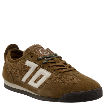 Women's tobacco brown suede and boucle retro sneaker with cream stripe detail