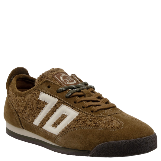 Women's tobacco brown suede and boucle retro sneaker with cream stripe detail