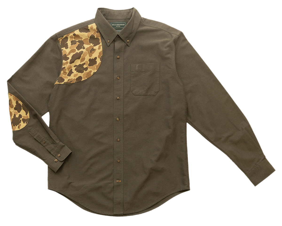 Olive green button-down hunting shirt with camo shooting shoulder patch and elbow patches