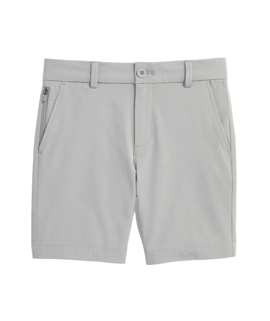 Youth performance shorts in light gray with zip pocket and button closure