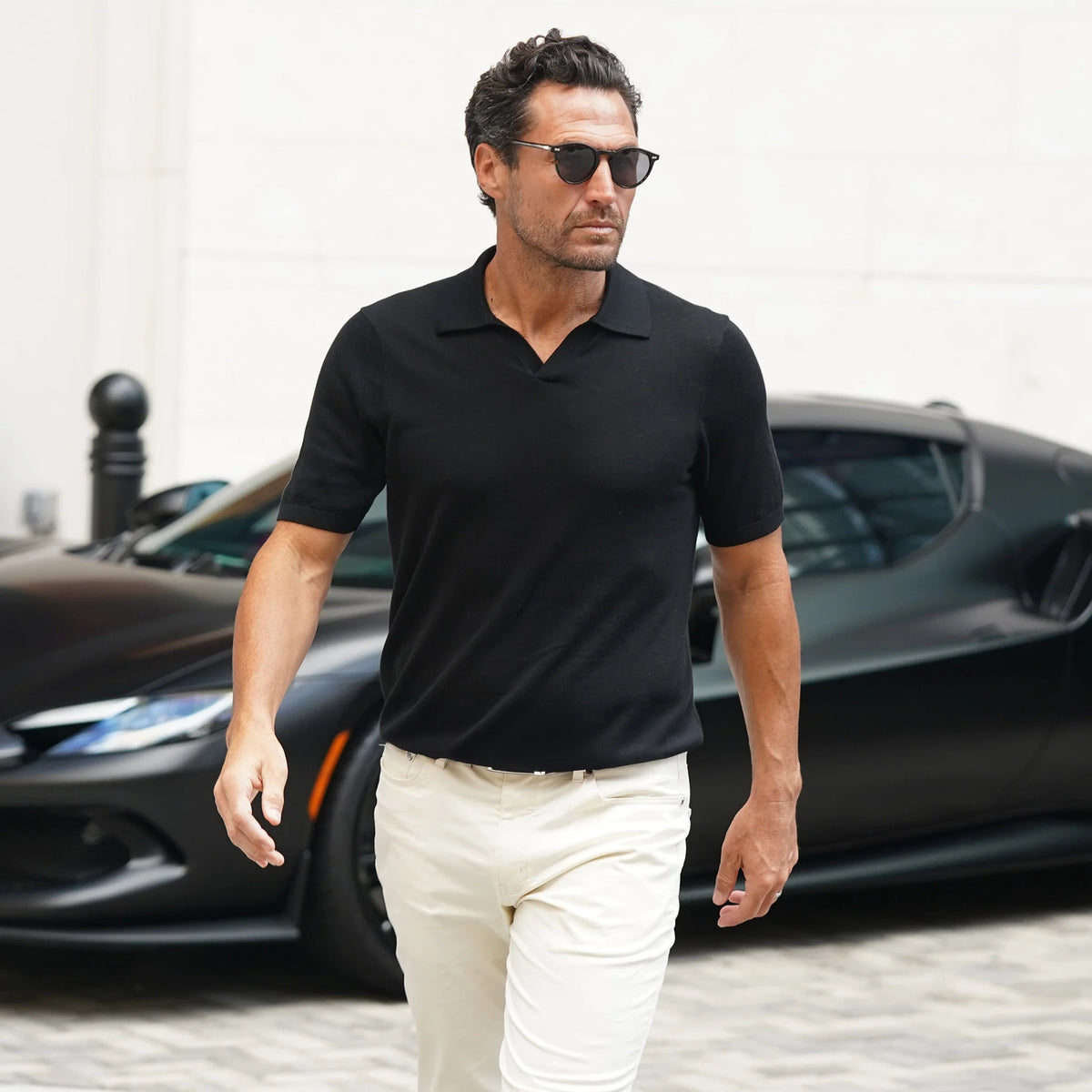 Ravello Summer Weight Linen Blend Polo Black