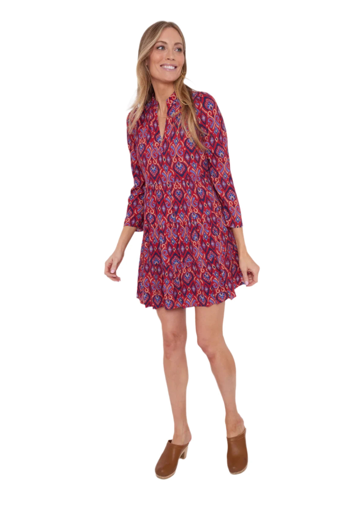 Ws Ikat LS Tunic Dress Crimson - Beau Outfitters