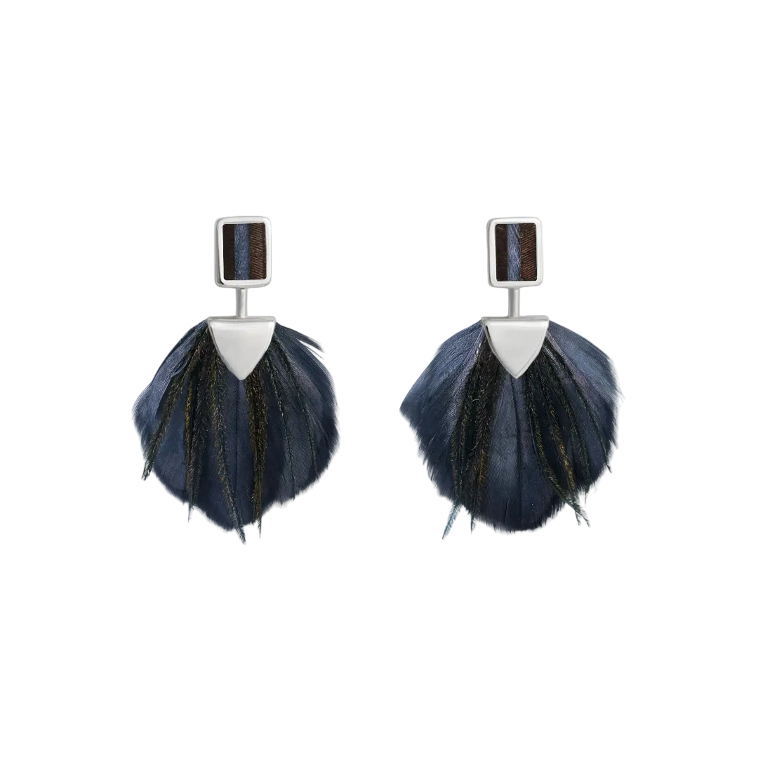 Navy blue feather drop earrings with silver geometric top and wood inlay stud
