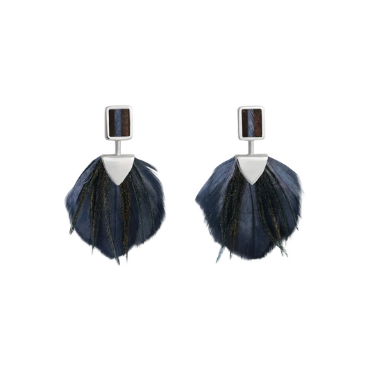 Navy blue feather drop earrings with silver geometric top and wood inlay stud