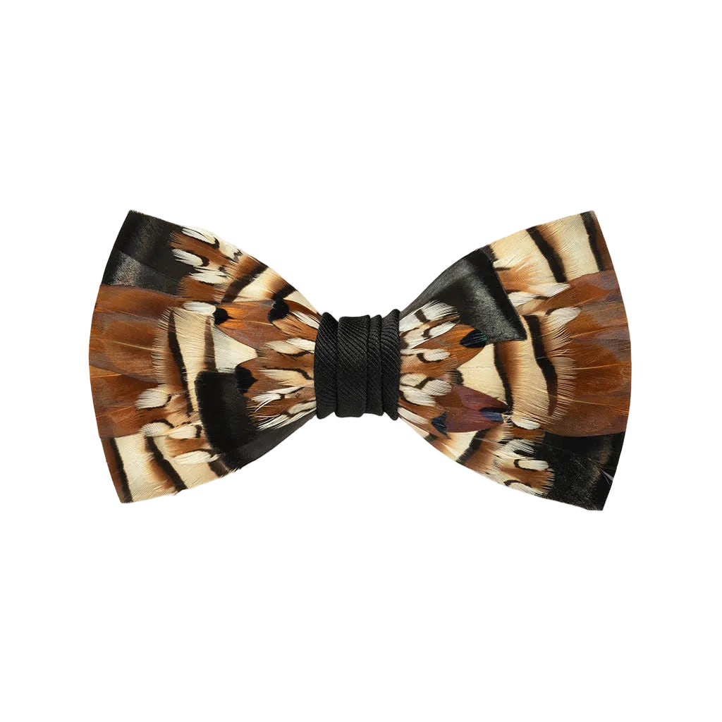 Brackish Serra bow tie with brown, black, and cream natural feather pattern