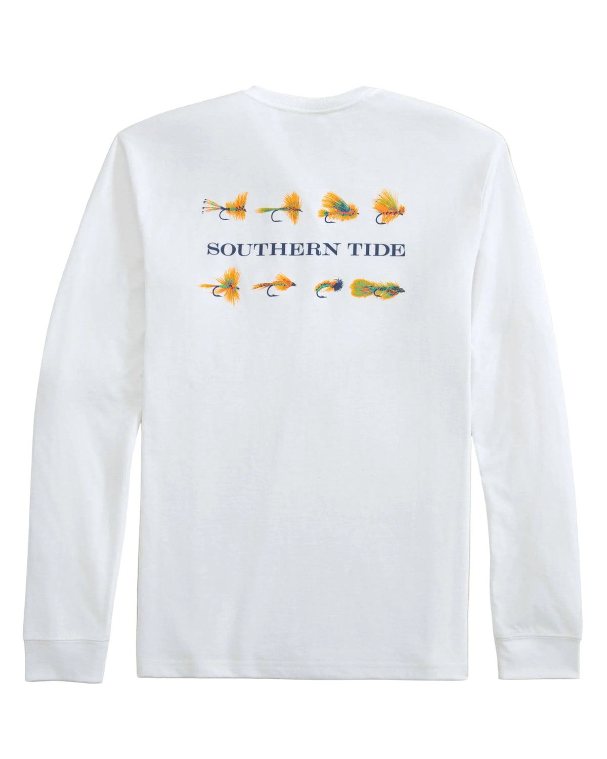 White long sleeve t-shirt back view with fly fishing lures graphic and Southern Tide text