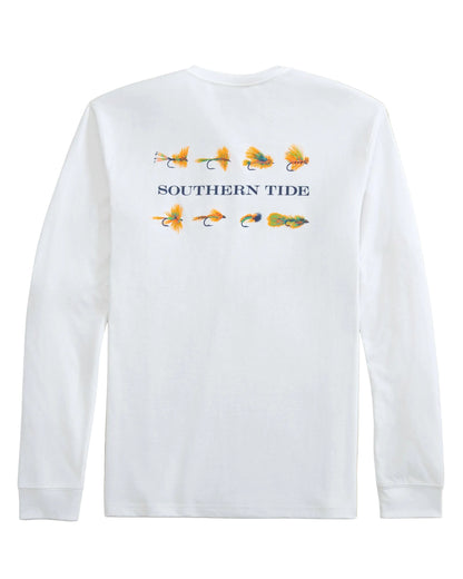 White long sleeve t-shirt back view with fly fishing lures graphic and Southern Tide text