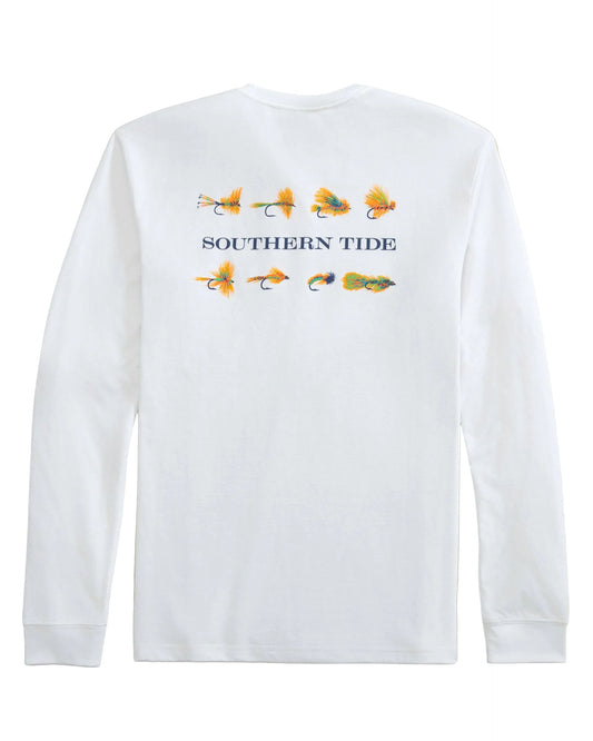 White long sleeve t-shirt back view with fly fishing lures graphic and Southern Tide text