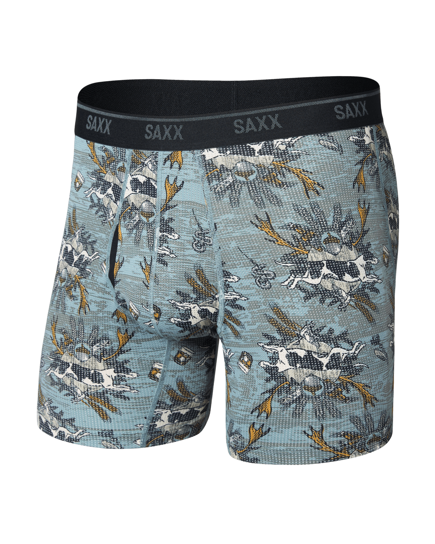 SAXX Quest boxer briefs in blue hunting lodge print with black waistband