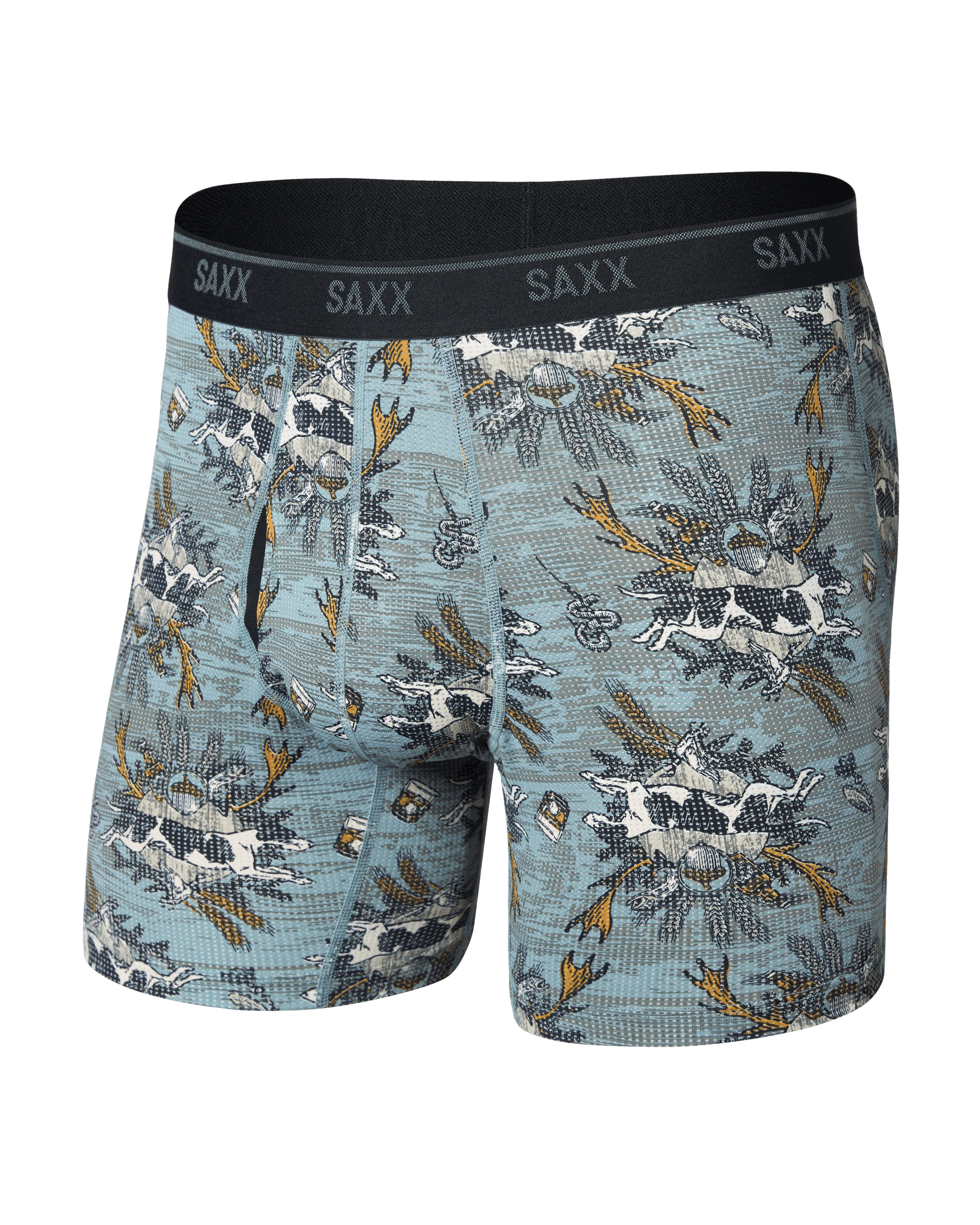 SAXX Quest boxer briefs in blue hunting lodge print with black waistband