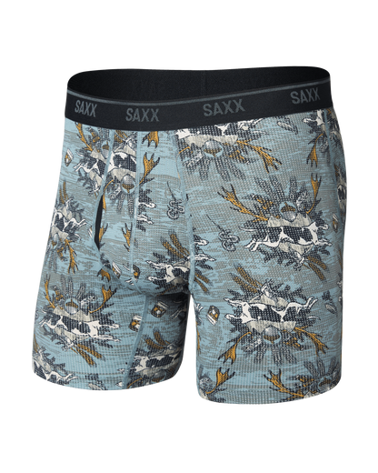 SAXX Quest boxer briefs in blue hunting lodge print with black waistband